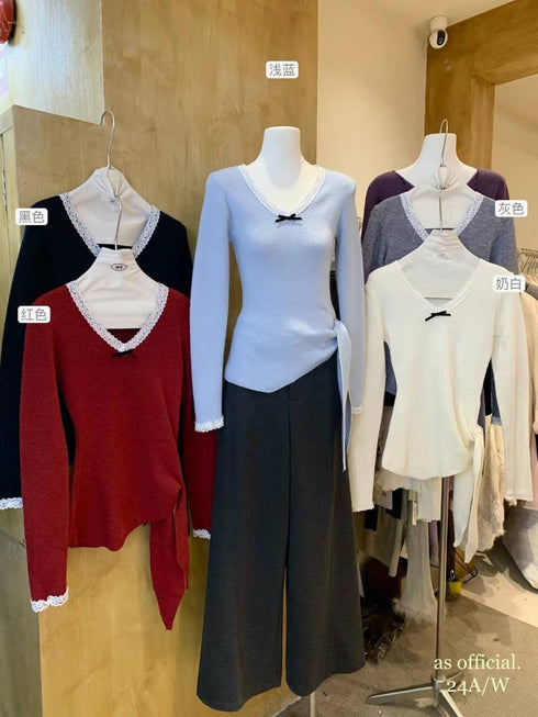 Ladies V Lacey Neckline Long Sleeves Side Tie Tops